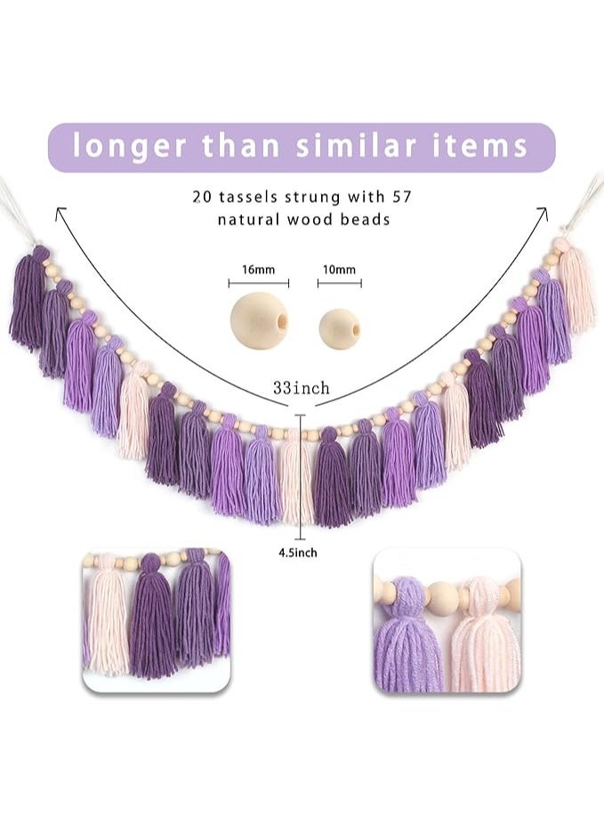 Antikiano Purple Yarn Tassel Garland with Wood Beads Boho Lavender Wall Hanging Bunting Banner Decor for Classroom Kids Dorm Room Bedroom Nursery Baby Shower Party Birthday Office Wedding Decorations - Image 3